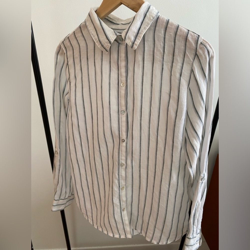 Sigrid Olsen striped button down 100% linen shirt